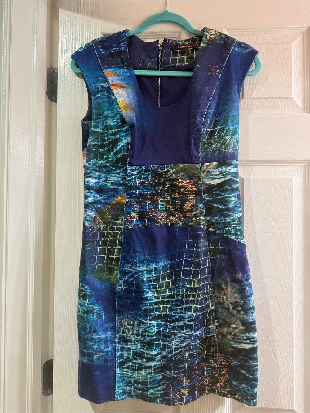 RACHEL Rachel Roy Blue Teal Mosaic-Print Cap-Sleeve Mini Dress